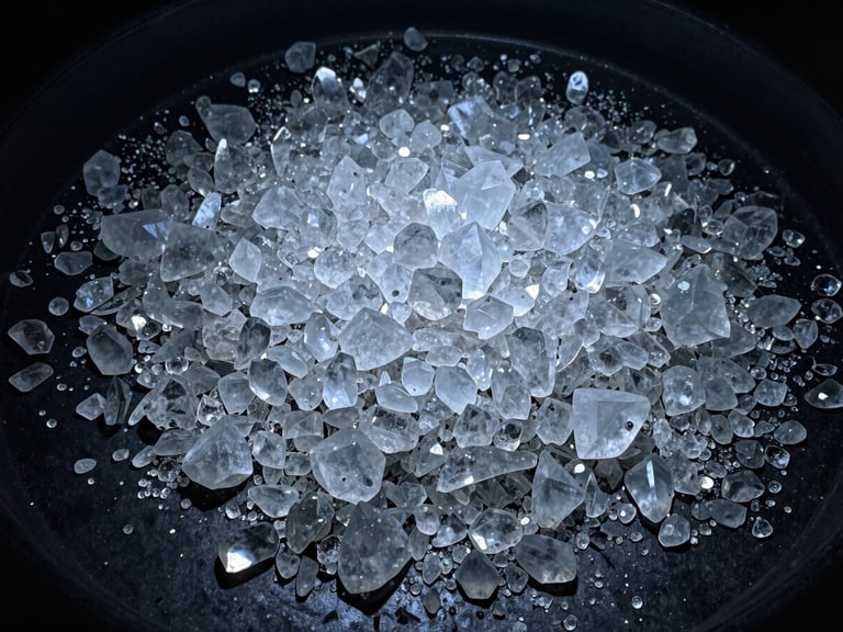 Close-up of clear, crystalline quartz fragments on a dark industrial surface, high-contrast cool daylight, deep blue and slate tones, sharp details, wide-angle lens