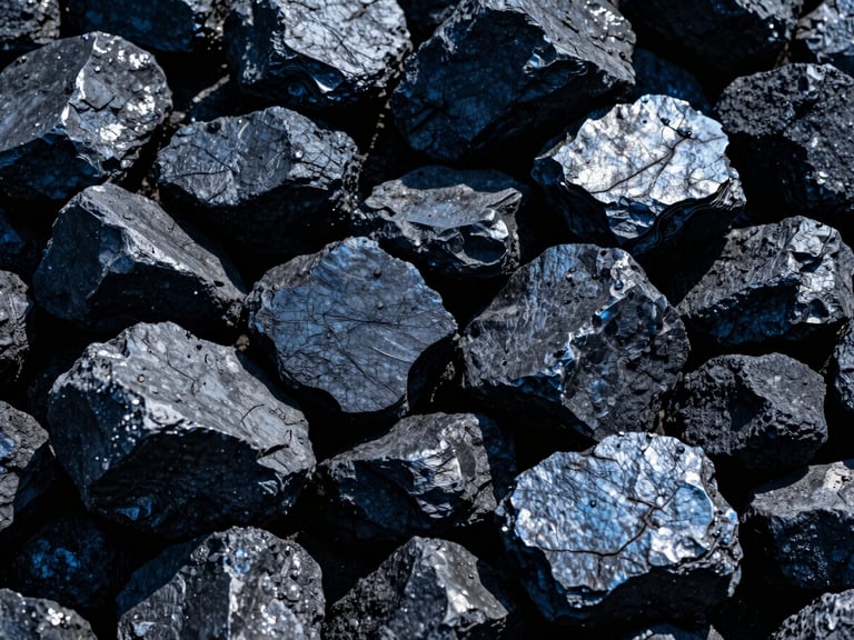 Close-up of glossy, dark industrial coal lumps, high-contrast cool daylight, deep blue and slate tones, sharp details, wide-angle lens