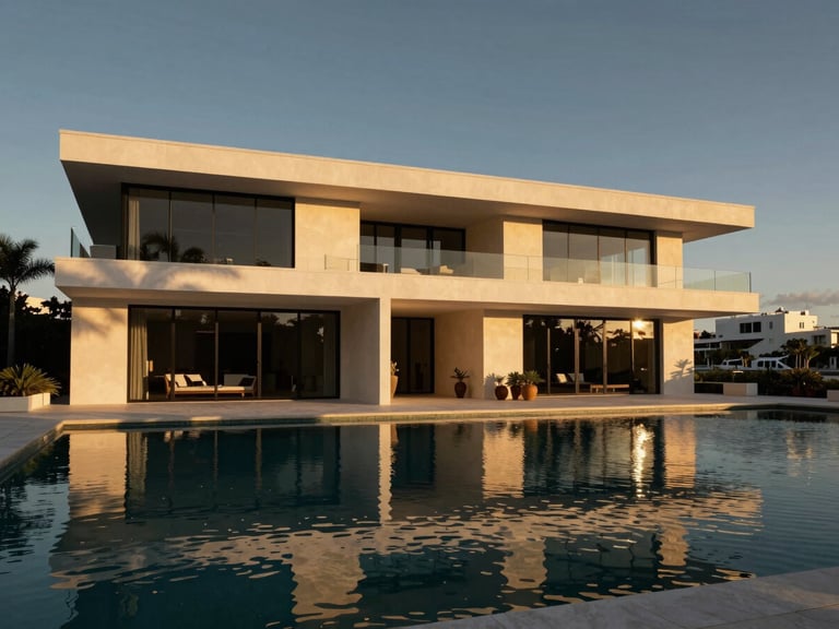 Wide-angle architectural photography of a minimalist luxury waterfront mansion in Miami at golden hour, deep shadows, reflection on pool.