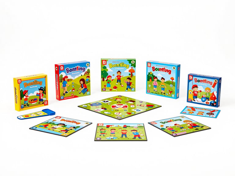 Group of popular board games and children's toys on a clean background, bright commercial photography, high-key.