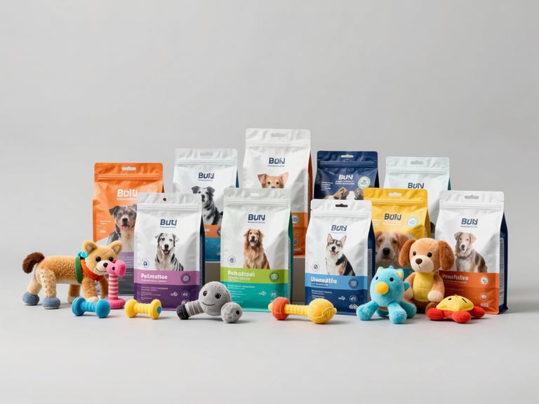 Organized grouping of colorful pet toys and packaged pet food bags on a neutral background, bright commercial lighting, crisp details.