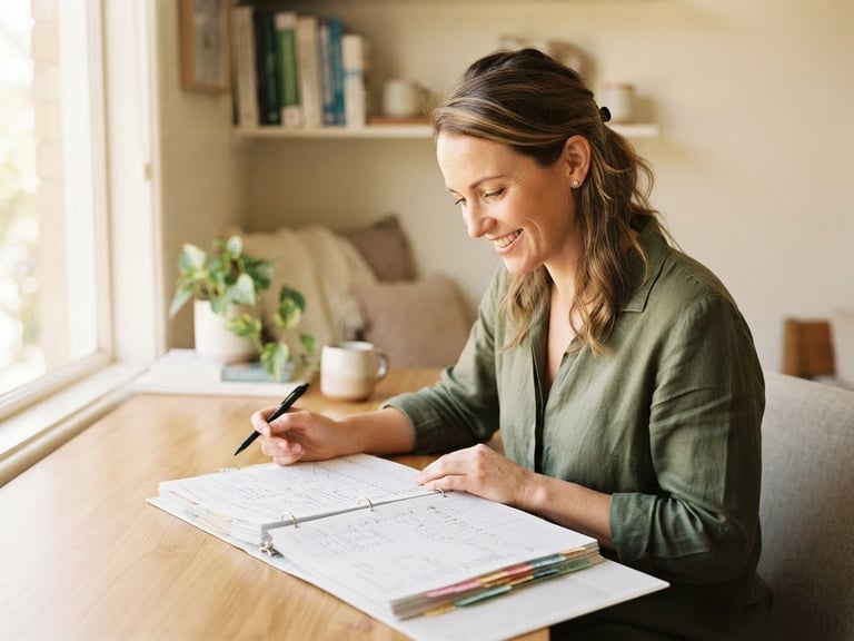 A professional dietician in a clean, soft-lit workspace reviewing clinical charts, warm editorial photography, 35mm, shallow depth of field.