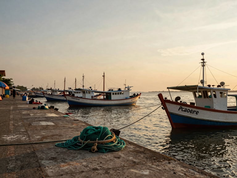 Wide street view of Makassar's Paotere harbour at golden hour, fishing boats moored along concrete jetty, weathered rope and nets in foreground, warm amber light across the water, documentary style, no filters