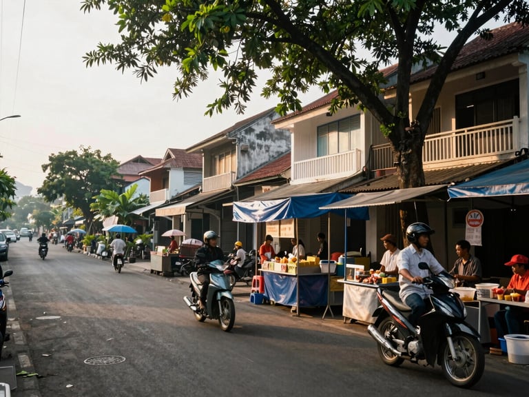 Morning street scene in Balikpapan near the city centre, motorbikes passing a row of shophouses, vendors setting up food stalls, warm daylight filtering through canopy, natural unfiltered documentary photography