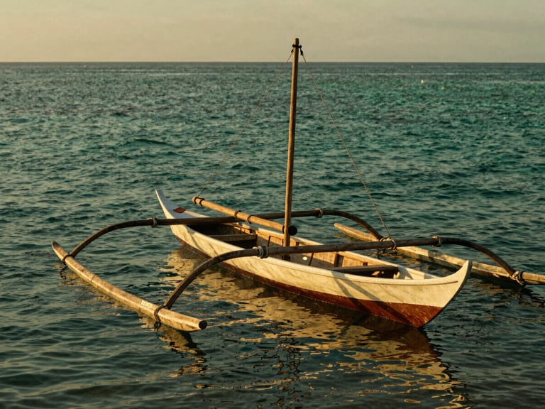 Warm editorial photography of a traditional wooden outrigger vessel sailing on calm deep emerald waters during golden hour, soft side lighting, 35mm, shallow depth of field, representing the historical Austronesian link.
