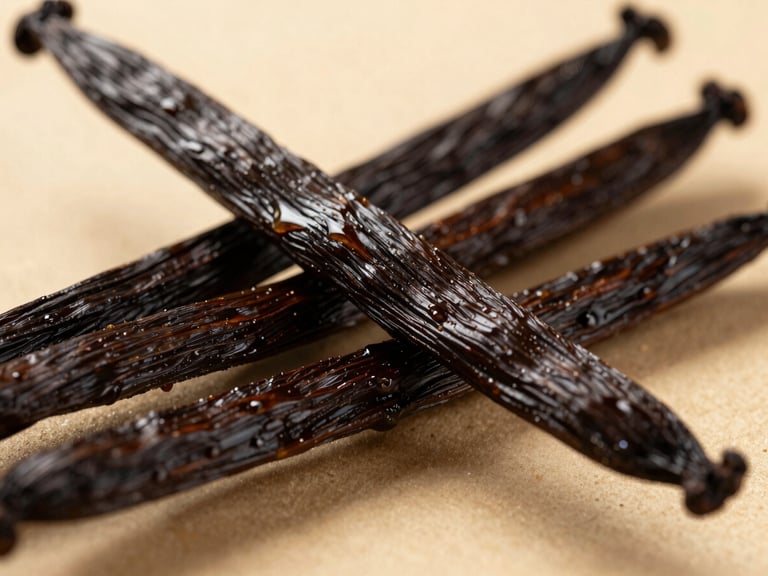 Extreme macro shot of cured black vanilla pods, oily texture, soft golden hour lighting, shallow depth of field, warm editorial photography.