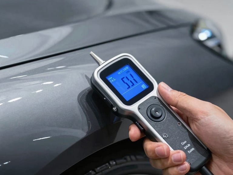 Close-up macro shot of a hand holding a high-tech digital paint-depth gauge against the polished charcoal-grey fender of a modern luxury car, sharp electric blue diagnostic screen glowing, cool white LED lighting, high contrast reflections, 35mm photography