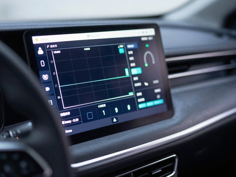 Macro shot of a high-tech diagnostic scanner screen plugged into a modern car dashboard, displaying live data graphs, cool white LED lighting, sharp focus, 35mm