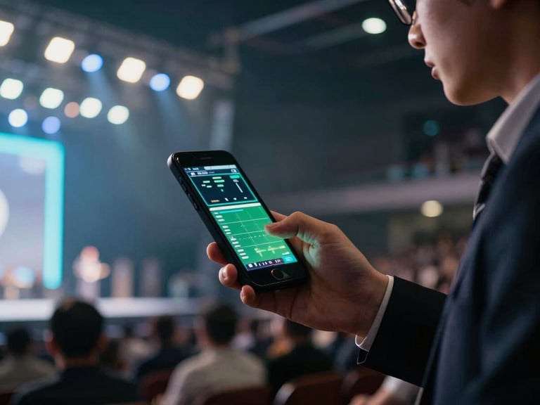 Dynamic low-angle shot of a live event production manager holding a mobile device showing a green dashboard, dramatic venue stage lighting in the background, cool atmospheric tones, shallow depth of field, 35mm