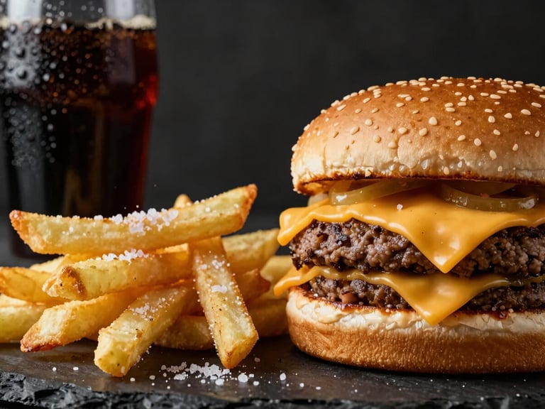 Macro low-angle shot of a double cheeseburger next to golden crispy french fries seasoned with salt, cold soda can with water droplets in background, dark surface