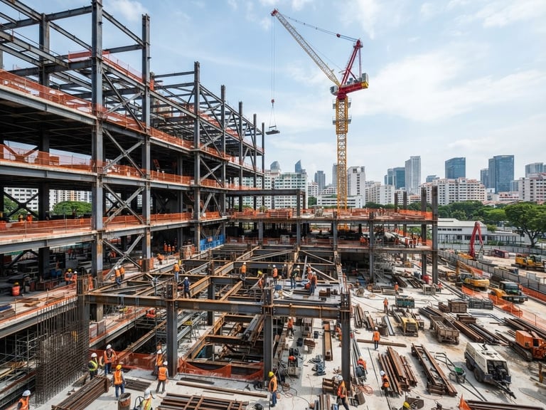 Wide environmental shot of an active Singapore civil construction site at daylight, structural steel framing exposed, towering crane in background, crisp high-contrast lighting.