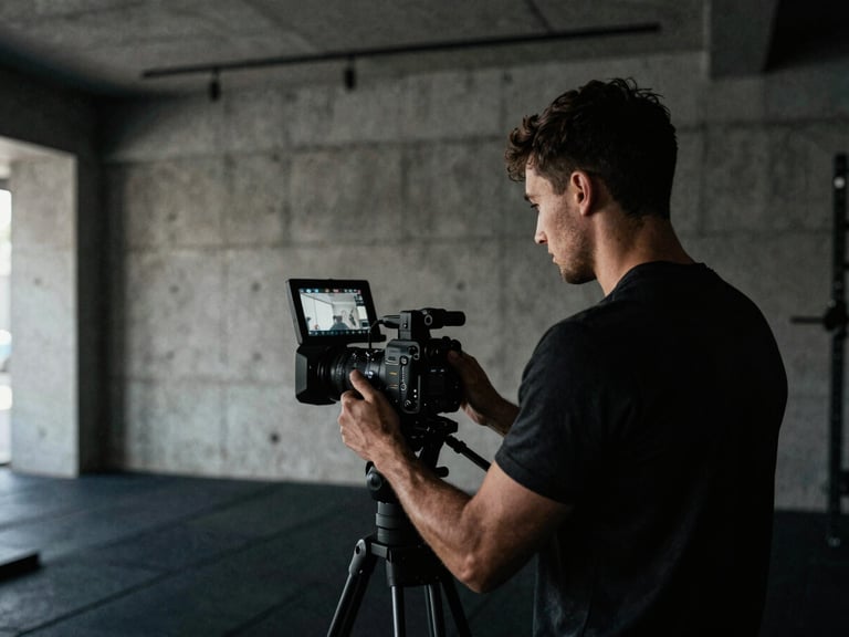 Moody dark-toned photography of a male athlete reviewing video footage on a professional camera screen inside a brutalist concrete gym, dramatic side-lighting, deep shadows, desaturated tones, 35mm film grain.