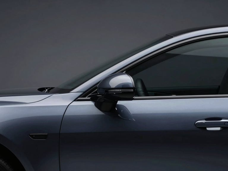 Elegant close-up of a polished dark metallic car silhouette under soft studio lighting, highlighting clean curves and premium craftsmanship.