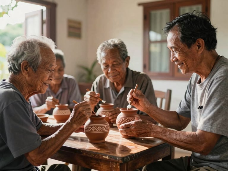 Candid medium shot of three smiling elderly residents sitting around a wooden table in a sunlit room, painting traditional Sarawakian clay pots with a warm caregiver assisting them. Soft morning daylight.