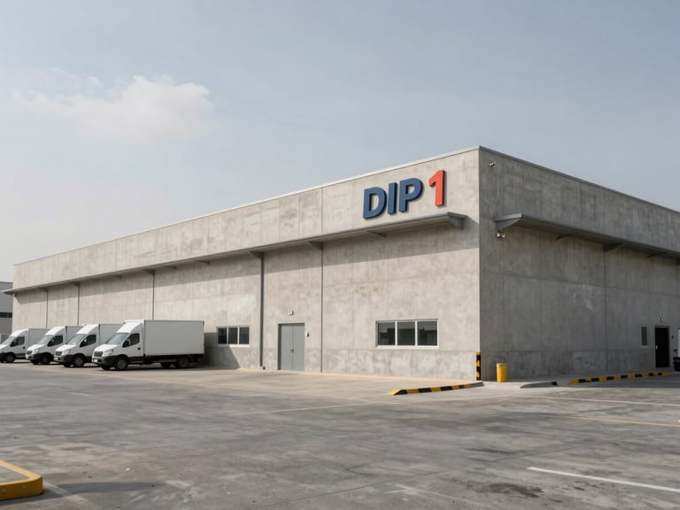 Wide panoramic exterior of a warehouse building in Dubai Investment Park, concrete facade and DIP 1 signage visible, overcast natural daylight, parked logistics vehicles to the far left, open forecourt in the foreground, industrial district context