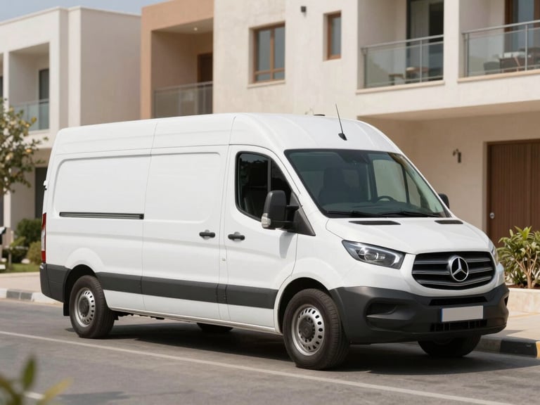 A clean, modern white service van with professional branding parked in a bright, modern Kuwaiti residential neighborhood street under daylight