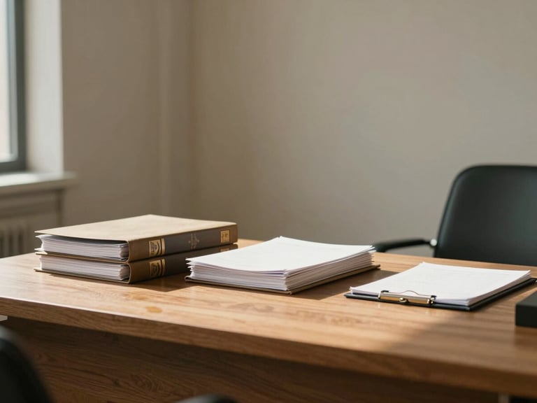 Wide environmental shot of a quiet law office interior, natural daylight falling across a wooden desk with stacked legal folders and a notepad, no people visible, warm neutral tones, calm and focused atmosphere