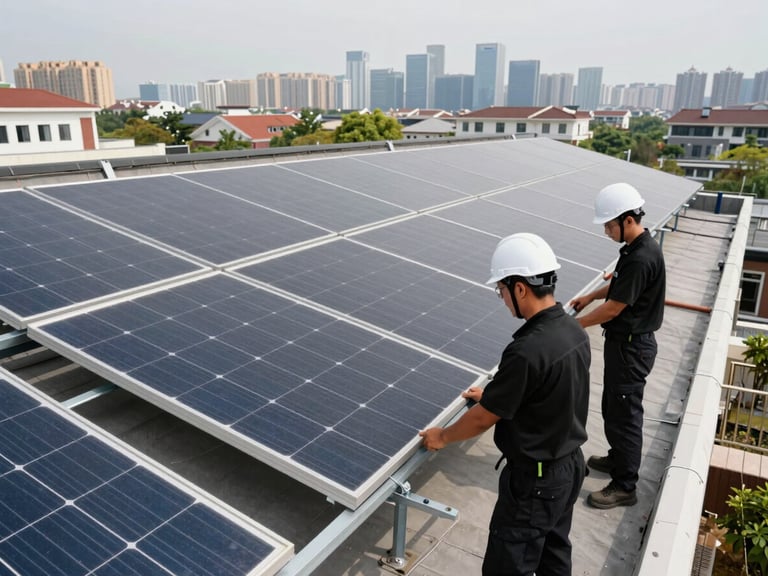 Wide shot of a rooftop solar panel array being installed on a residential building, two technicians in black polos and white hard hats securing mounting rails, city skyline visible at distance, overcast natural daylight