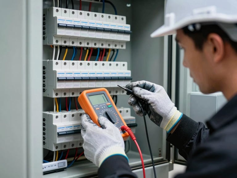 Close-up of a technician's gloved hands using a multimeter on a residential building substation panel, organized wiring and labeled breakers visible, practical fluorescent lighting, black polo sleeve and white hard hat brim in frame