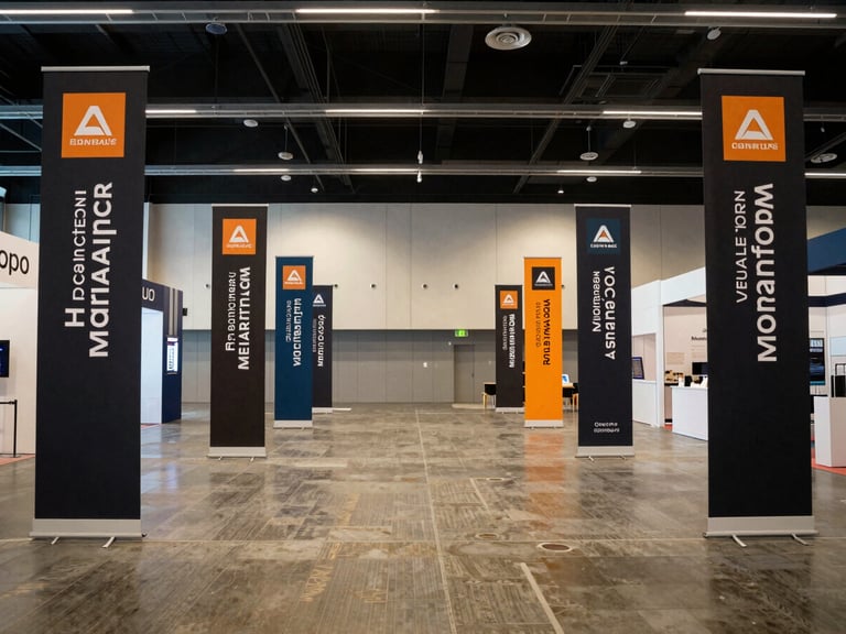 Wide environmental shot of an expo hall interior, branded vertical banners and directional signage installed along the perimeter, soft tungsten overhead lighting, no people in frame, shot from mid-aisle looking toward the back wall