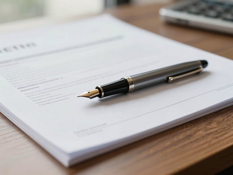 Close-up of fountain pen resting on official financial documents, clean organized mahogany desk, soft morning window light, 35mm