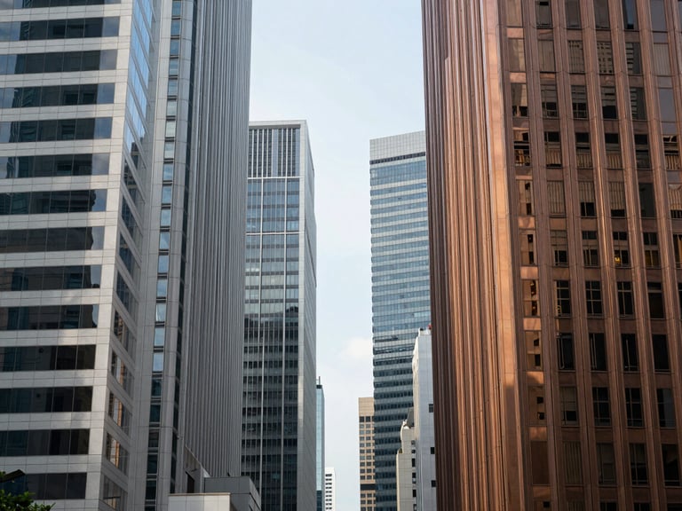 Crisp corporate photography of Singapore financial district skyline, clean geometric architectural lines, bright morning daylight, cool slate tones with warm bronze reflections, sharp focus, 35mm