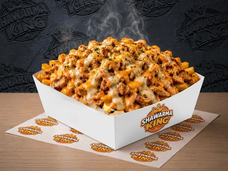 A steaming box of Shawarma King loaded fries topped with chicken and melted cheese sauce.