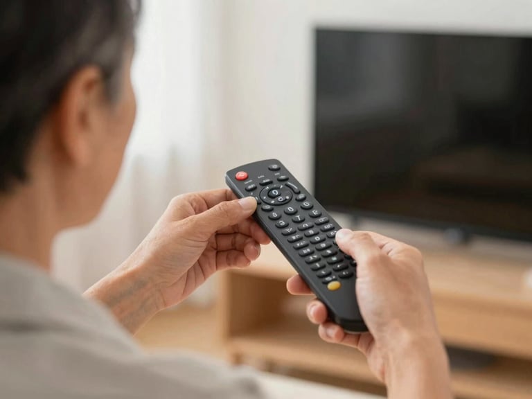 Close-up of a tutor's hands gently guiding a senior client's hands on a smart TV remote, showing patience and clear instruction, warm indoor light.