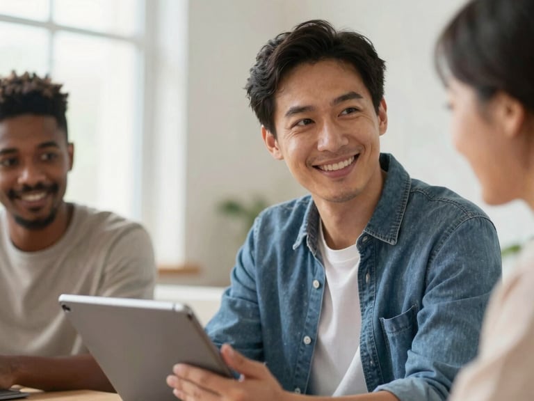 Medium-close up of a friendly, diverse tutor (30s-40s) with a tablet, smiling and making eye contact, in a well-lit home environment, soft natural light.