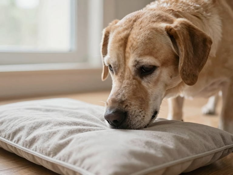 Close-up of a senior dog gently nudging a soft fabric snuffle mat with its nose, warm natural light, soft focus, 35mm