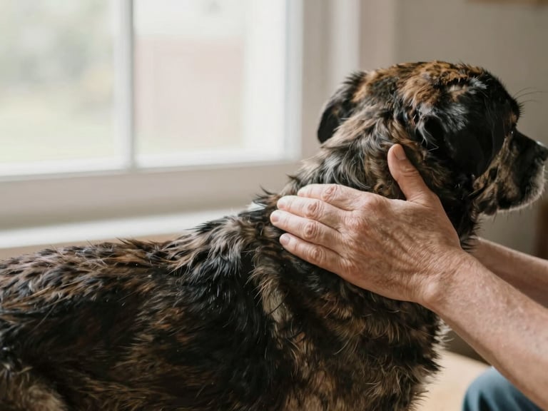 A person's hand gently massaging the shoulder of an older dark-furred dog, soft warm window light, comforting and peaceful atmosphere, 35mm