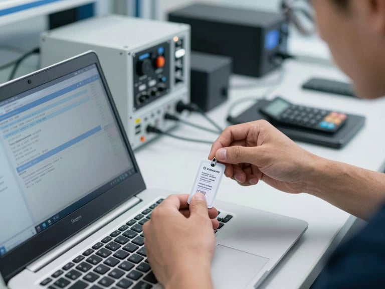 Close-up of a technician scanning an asset tag on an enterprise laptop, digital display showing data, bright lab lighting, sharp focus, 35mm