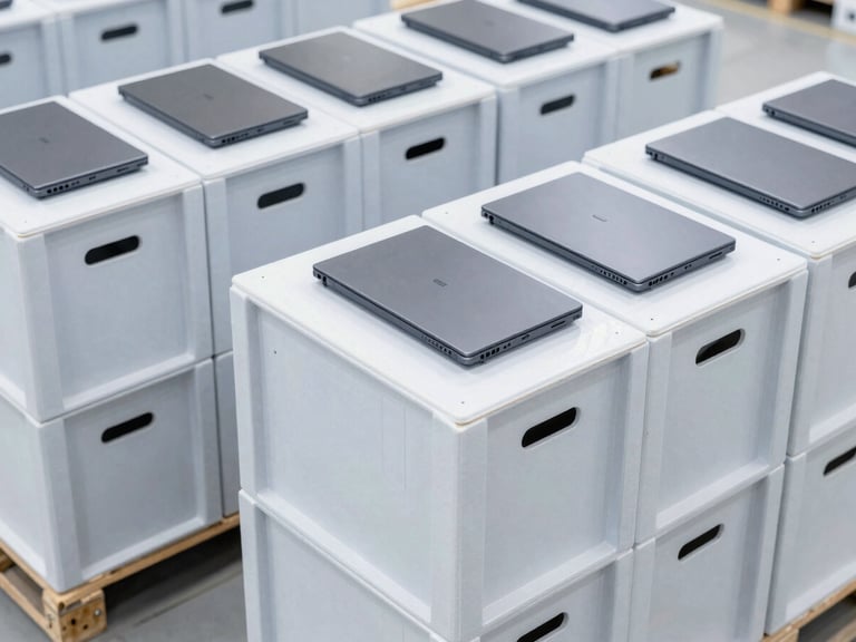 Overhead shot of neatly stacked enterprise laptops in secure shipping crates, ready for transport, bright warehouse lighting, sharp focus, 35mm