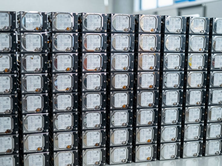 Neatly stacked hard drives awaiting certified data wiping in a secure facility, bright studio lighting, structured, sharp focus, 35mm