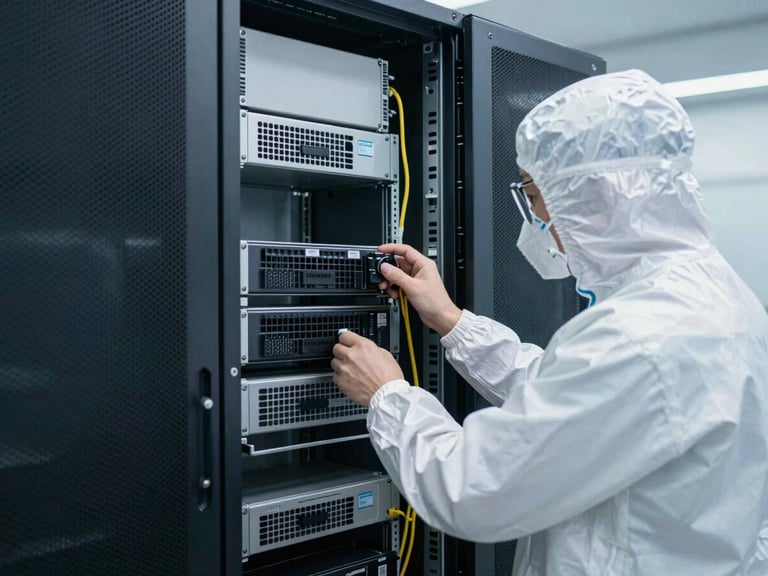Technician in ESD gear performing maintenance on a server rack, bright studio lighting, sharp focus, 35mm