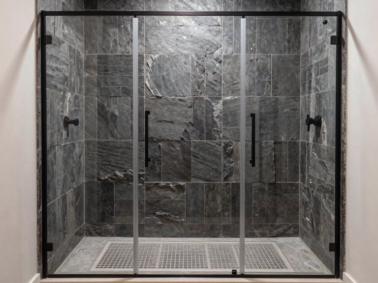 Straight-on architectural photo of a modern walk-in shower with vertical stacked dark slate tiles, perfect grout alignment, matte black hardware, bright natural light.