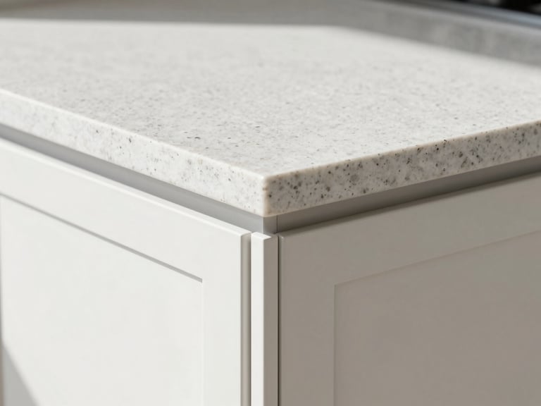 Close-up architectural shot of a flawless quartz countertop corner meeting custom cabinets, natural side daylight, crisp clean miter joints, raw textures.