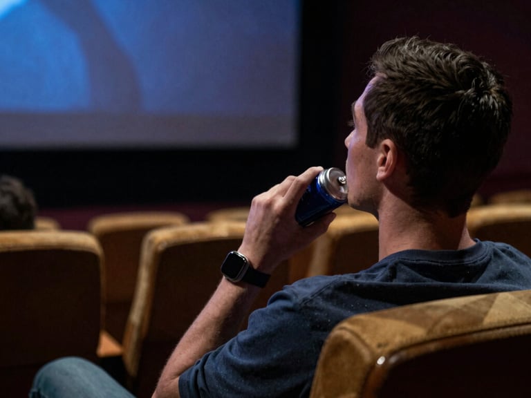 Over-the-shoulder shot from the back of a small cinema, projection beam cutting through dark air above rows of occupied seats, a youth filmmaker's short film visible on screen mid-frame, warm amber ambient light, documentary candid framing, film-grain texture