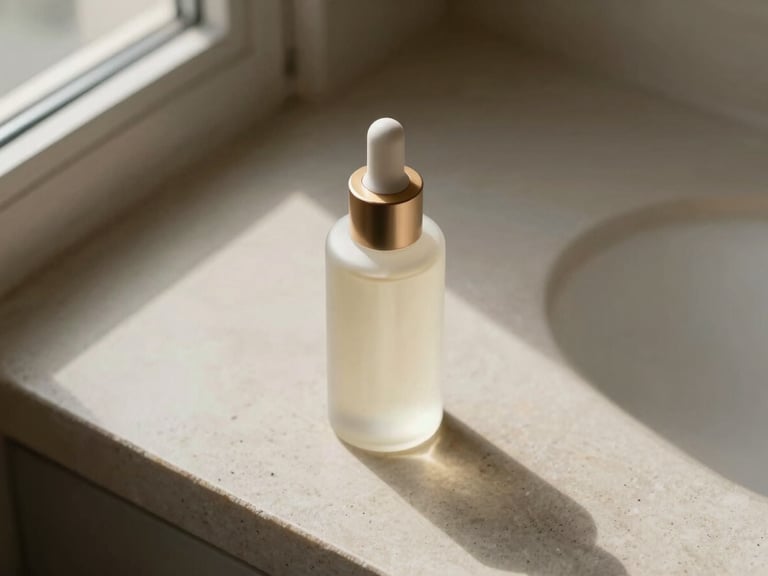 Close overhead still-life study, a luxury skincare bottle on a pale stone surface, soft directional window light from the upper left, minimal props, strong negative space on the right, sharp material texture visible
