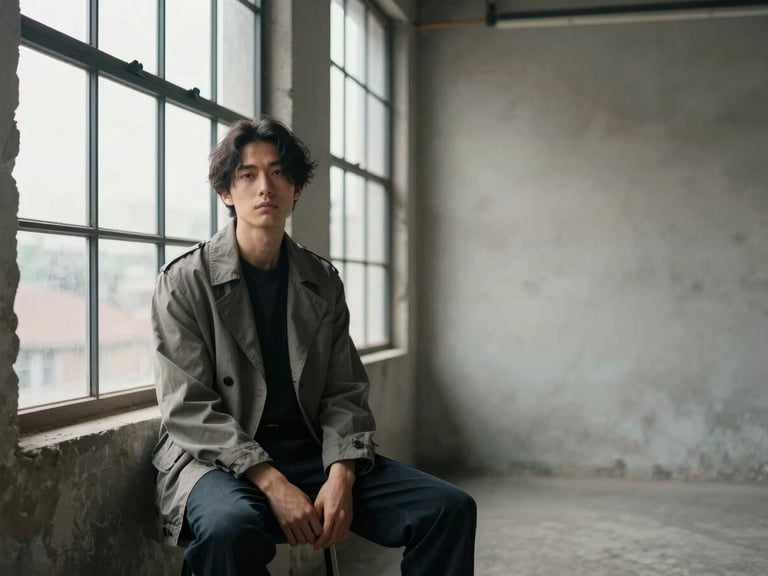 Wide editorial magazine-style environmental portrait, a subject in structured contemporary clothing seated near a large industrial window, diffused natural light, generous empty space on the right side of the frame, neutral toned interior