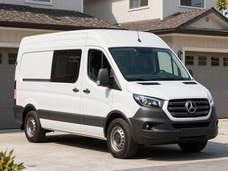 A clean, modern HVAC technician van parked outside a residential home, bright natural daylight, professional operational setting.
