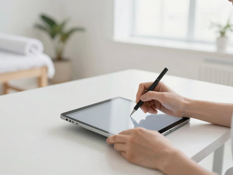 Close-up of hands scheduling an appointment on a tablet in a clean, minimalist wellness studio, bright daylight.