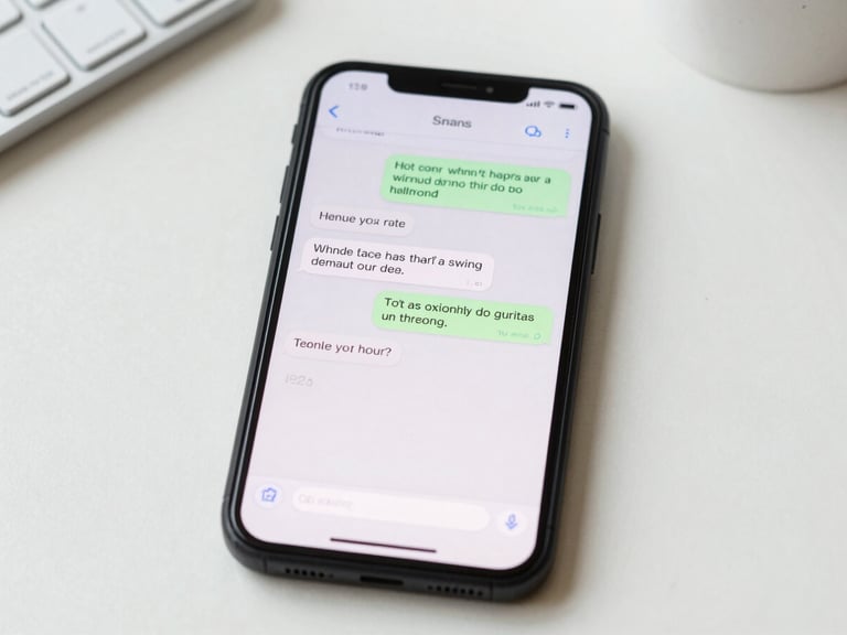 Close-up shot of a clean mobile phone screen displaying a friendly SMS text conversation, bright natural daylight, crisp details, minimal modern workspace