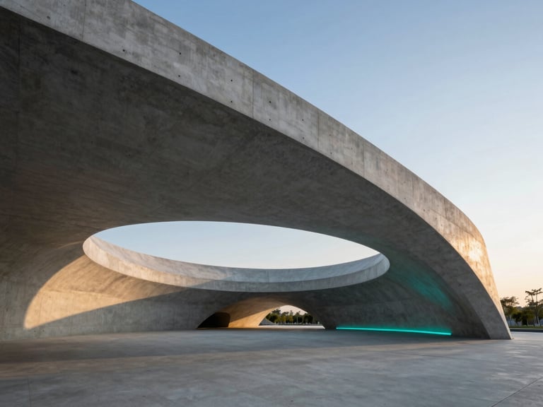 Wide panoramic architectural elevation of a futuristic concrete pavilion with sweeping curves, dramatic sunset shadow casting across the structure