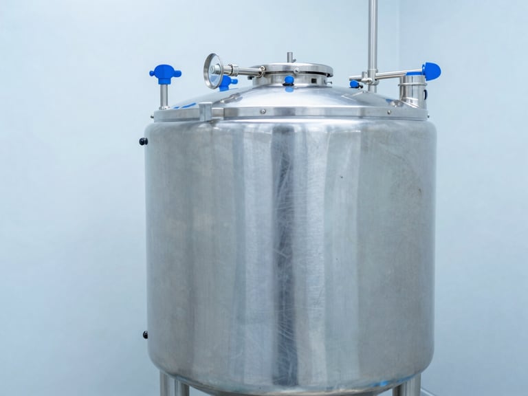 Stainless steel veterinary product mixing tank in a sterile facility, cool white lighting, wide angle, 35mm, with focus on process