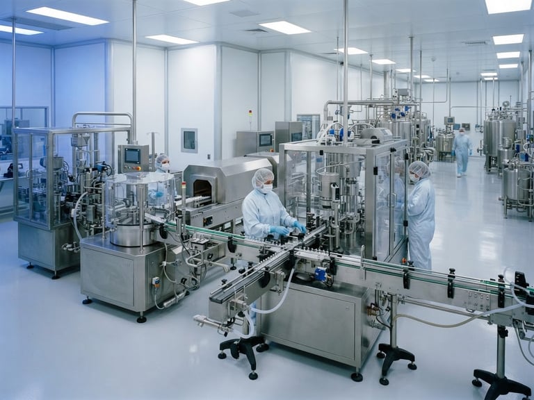 Wide shot of a sterile pharmaceutical cleanroom with stainless steel machinery, high-key studio lighting, cool white tones, 35mm