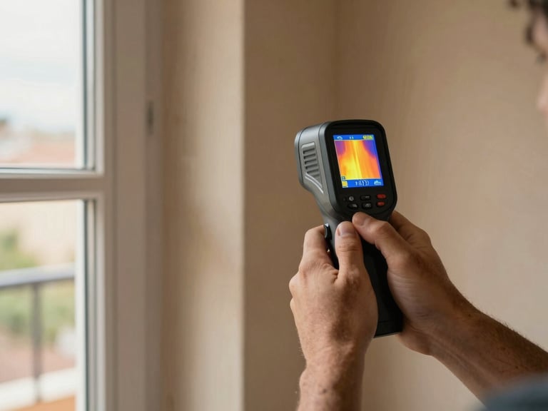 Close-up of two hands holding a thermal imaging camera pointed at a wall junction inside a Spanish residential room, natural daylight coming through a window to the left, warm plaster wall surface in the background, slight overcast quality, focus on the device screen showing a heat gradient readout
