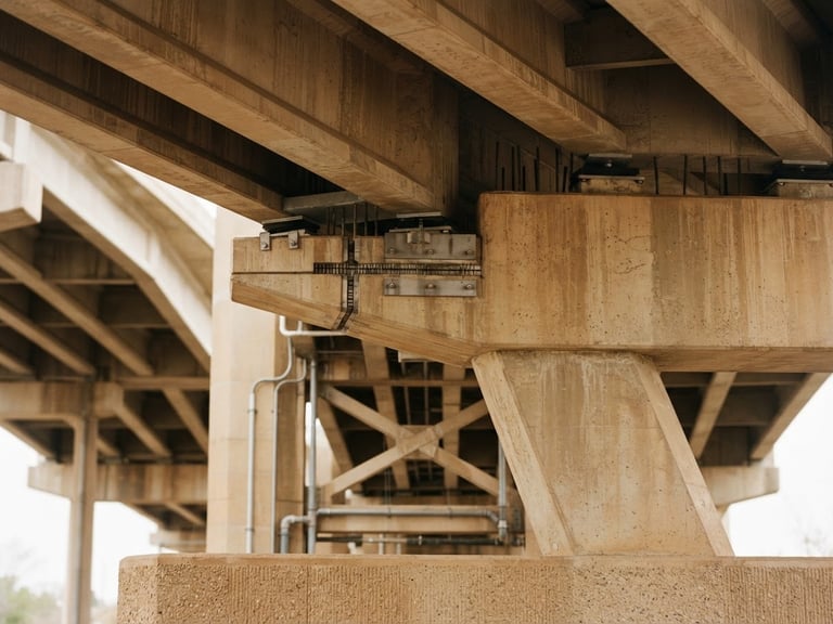 Warm architectural photography of a modern concrete highway bridge structure under overcast daylight, sharp focus on structural joints, sand and clay tones, 35mm