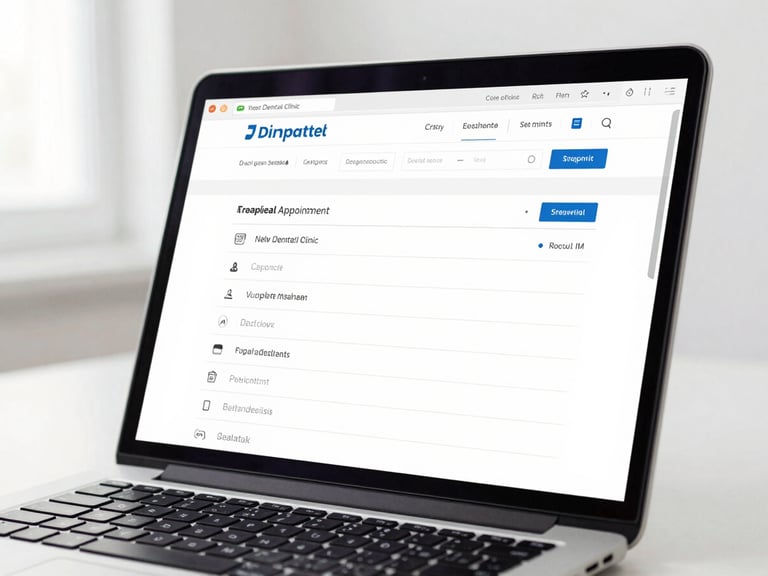 Close-up of a dental clinic website mockup on a laptop screen, showing appointment booking form and treatment category navigation, natural daylight from left, clean white background, no faces