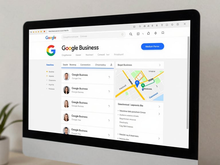 Google Business profile and maps listing for a medical aesthetic clinic shown on a desktop monitor, clean studio lighting, search results visible, no patient faces
